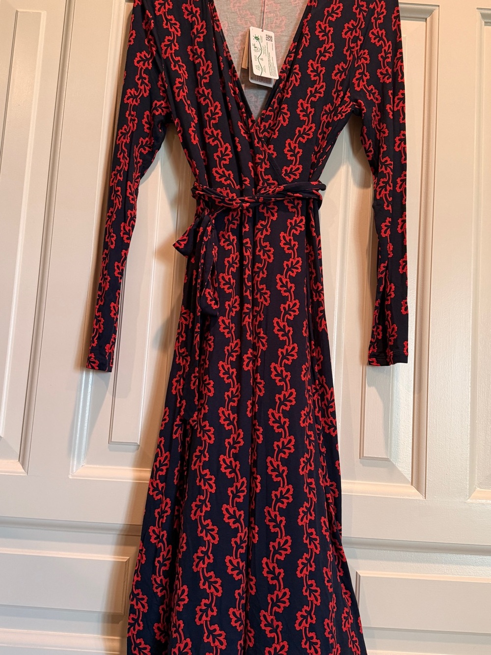 Boden Navy Wrap Dress with Red Floral Vine Pattern